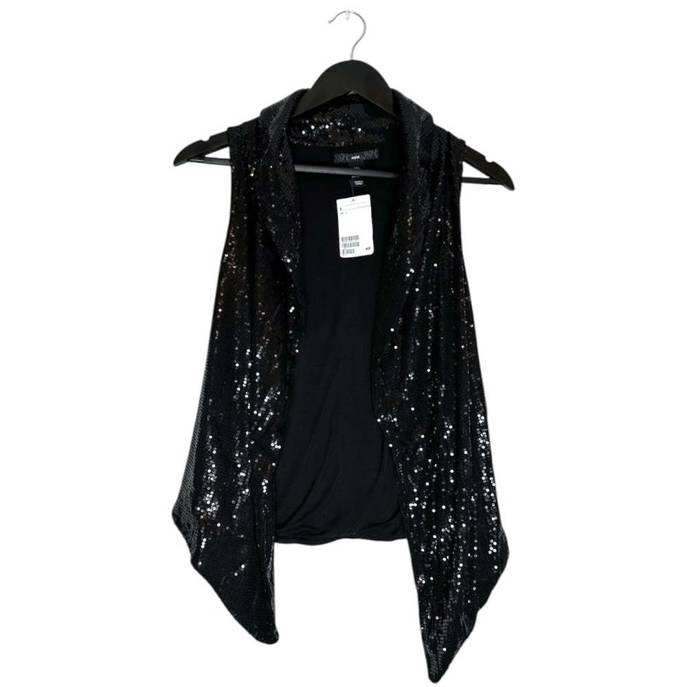 NWT H&M Black Sequin Draped Open Front Vest Size Large Y2K Evening Glam Holiday